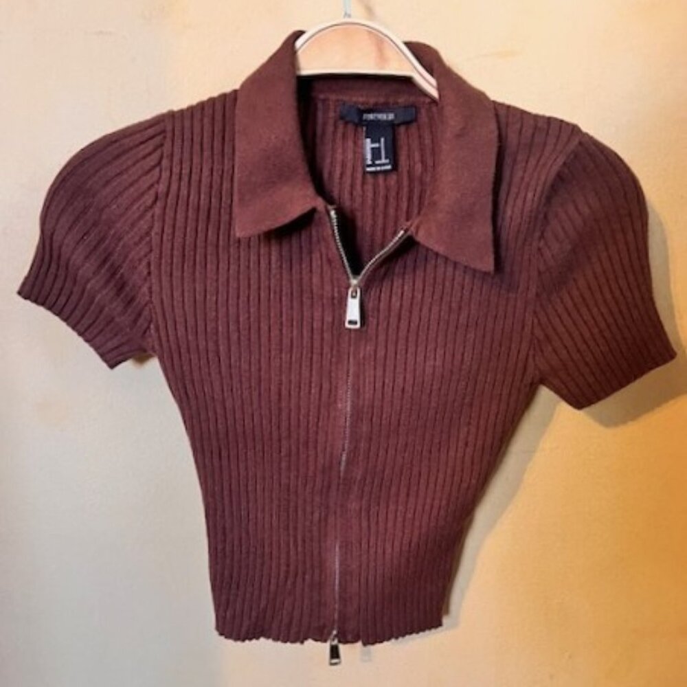 Brown Zippered Ribbed Sweater, Short Sleeved by Forever 21, Size Small